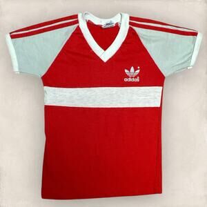 Vintage 80s Adidas Trefoil Ringer Shirt V-Neck Red White Little Kids Size 7